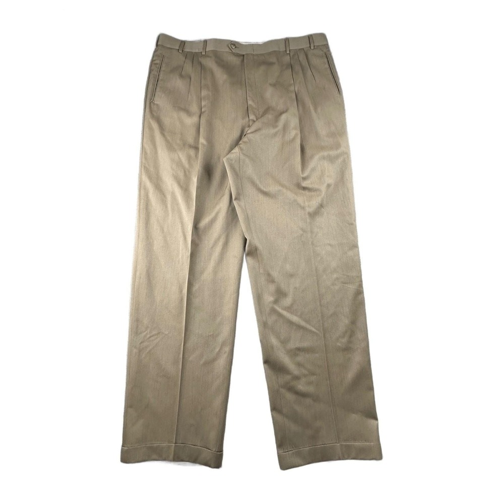 Vintage Bill Blass Dress Pants Men 46R Tan Classic Wool Worsted Pleated Business